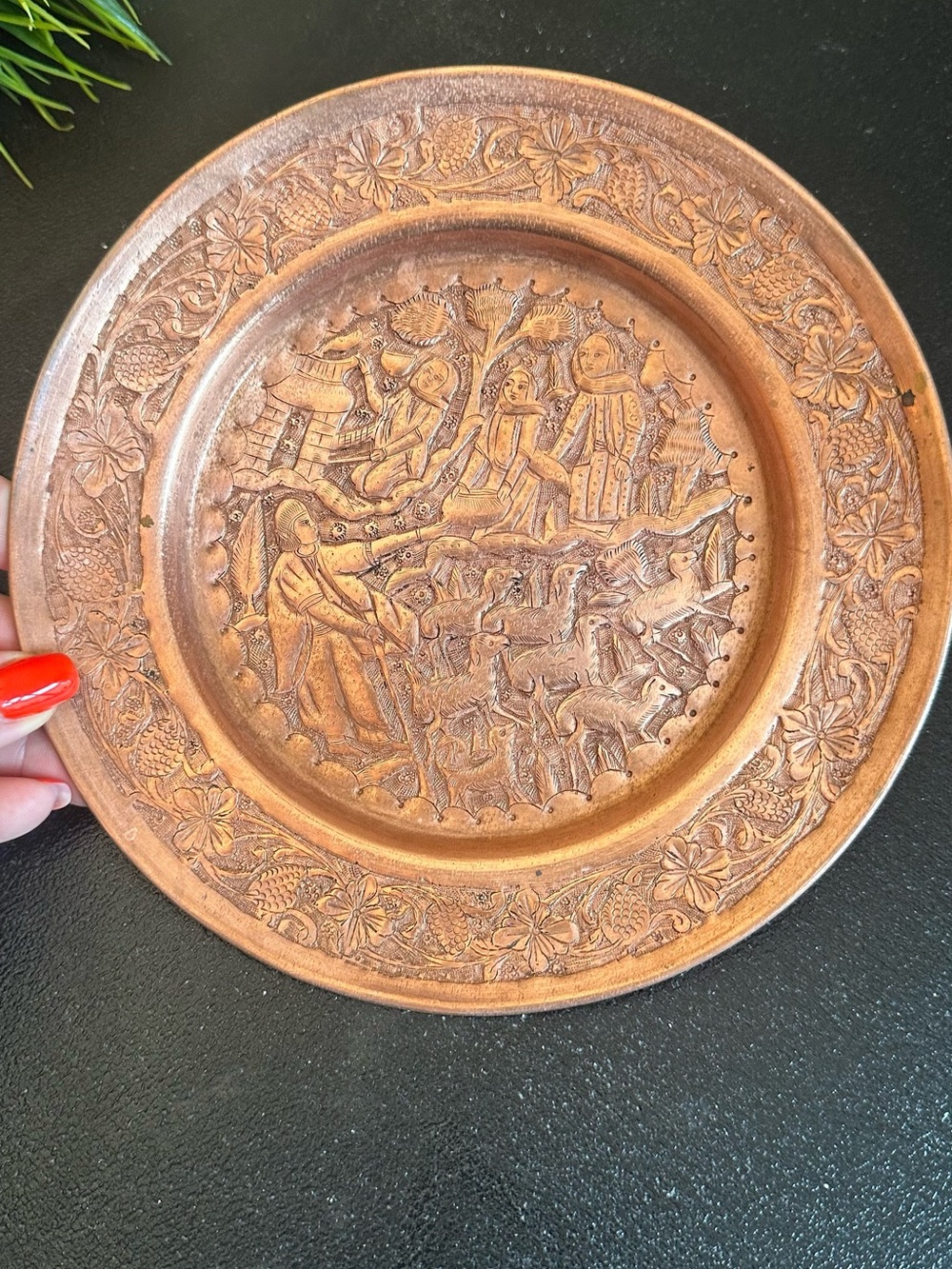 Vintage Embossed Copper Plate Tavern Scene – Large Decorative Hanging Plate